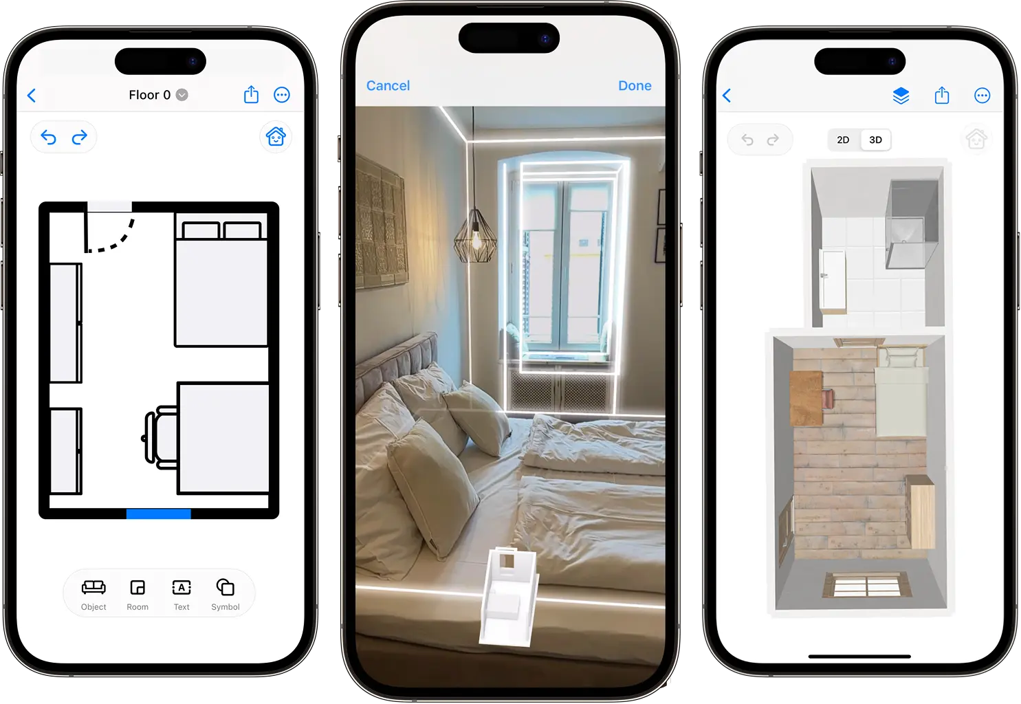 CamPlan on iPhone showing 2D projects, 3D view, and AR visualization