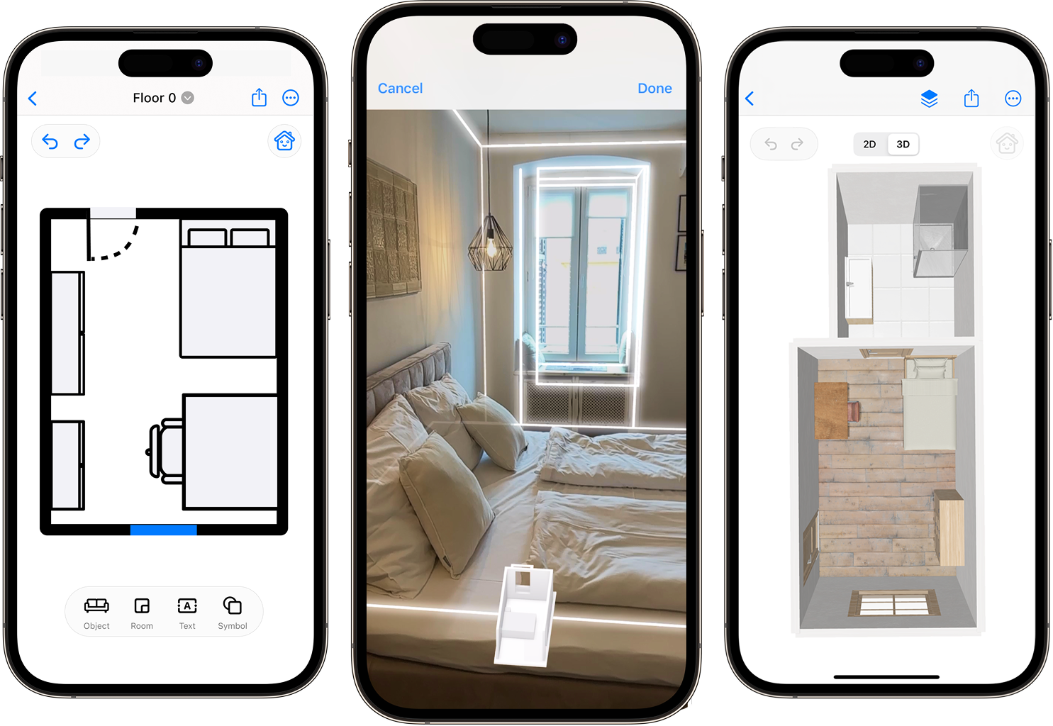 CamPlan App scanning demonstration showing 2D & 3D floor plans, interior blueprints, and AR room planning